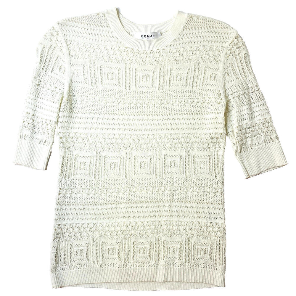 FRAME Women's Knit Sweater X-Small Off White Pointelle Crochet Crewneck